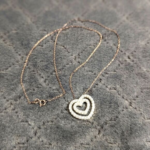 Vintage Sterling Silver & Cubic Zirconia Double Heart Necklace - Picture 10 of 15